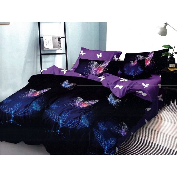 Lenjerie pat dublu, Pucioasa Romania, 4 piese, Bumbac Satinat Superior, Mov, fluturi [1]
