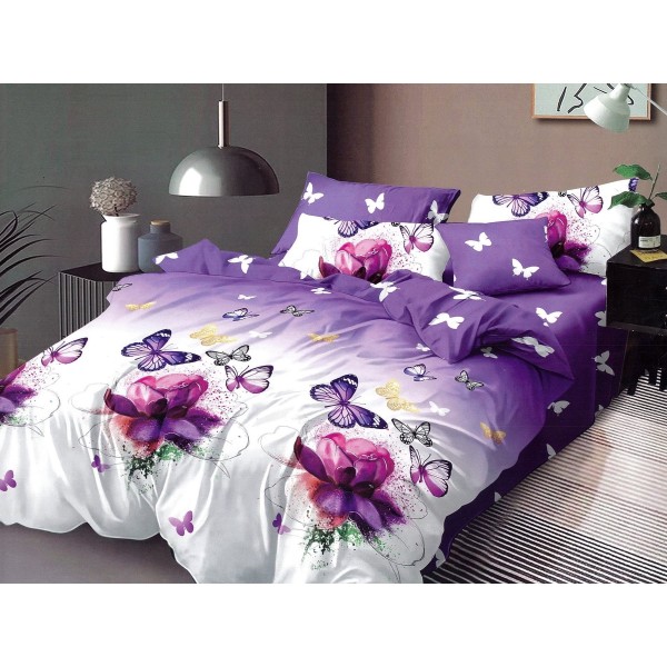 Lenjerie pat dublu, Pucioasa Romania, 4 piese, Bumbac Satinat Superior, Mov, flori, fluturi [1]