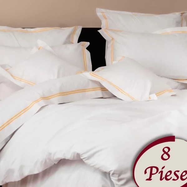 Lenjerie pat dublu, 8 piese, Bumbac 100% Percal, Alb-Galben [1]