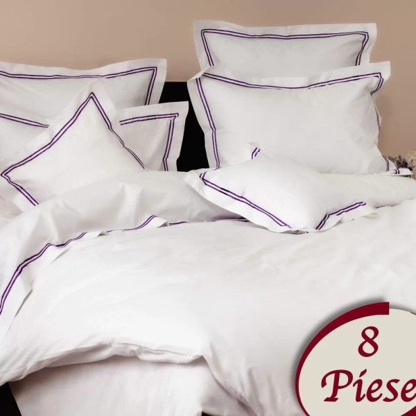 Lenjerie pat dublu, 8 piese, Bumbac 100% Percal, Alb-Mov [1]