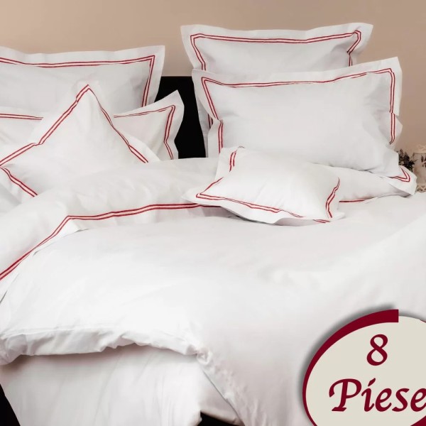 Lenjerie pat dublu, 8 piese, Bumbac 100% Percal, Alb-Rosu [1]