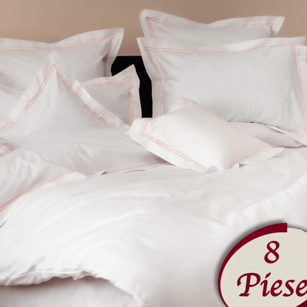 Lenjerie pat dublu, 8 piese, Bumbac 100% Percal, Alb-Roz [1]