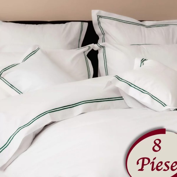 Lenjerie pat dublu, 8 piese, Bumbac 100% Percal, Alb-Verde [1]