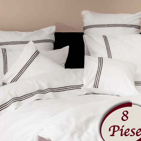 Lenjerie pat dublu, 8 piese, Bumbac 100% Percal, Alb-Negru [1]