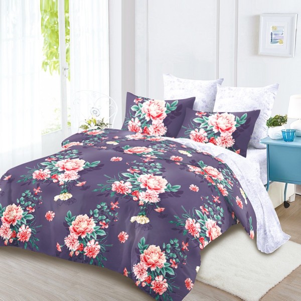 Lenjerie Pat Dublu, FINET, 6 piese, Mov, Flori [1]