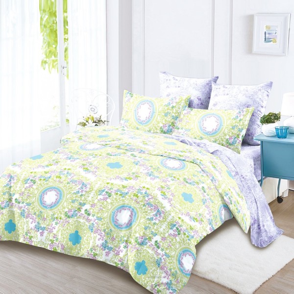 Lenjerie Pat Dublu, FINET, 6 piese, Verde, Lila, Flori, Cercuri [1]