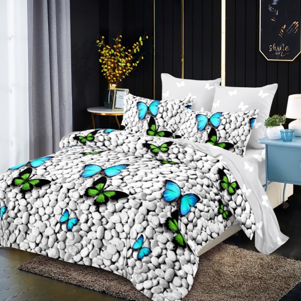 Lenjerie Pat Dublu, FINET, 6 piese, Gri, Fluturi pe Pietre [1]