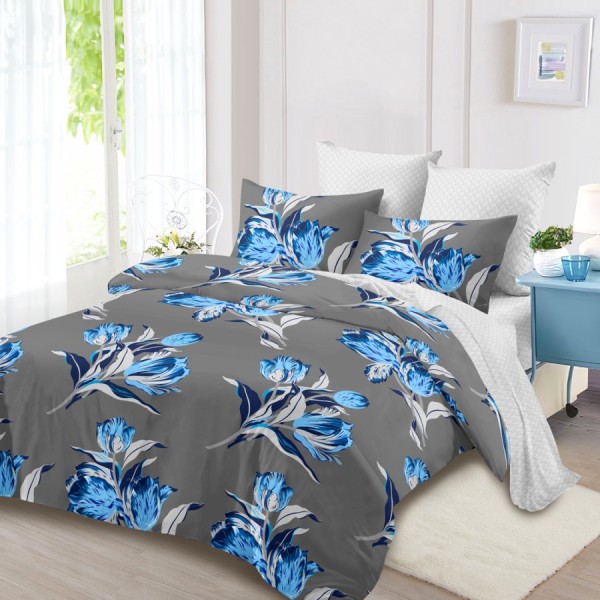Lenjerie Pat Dublu, FINET, 6 piese, Gri, Albastru, Flori [1]