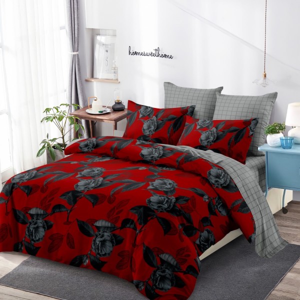 Lenjerie Pat Dublu, FINET, 6 piese, Rosu, Gri, Flori [1]