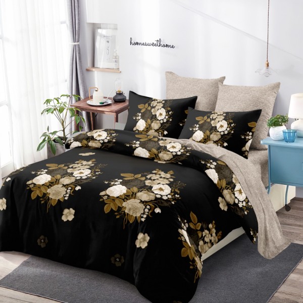 Lenjerie Pat Dublu, FINET, 6 piese, Negru, Bej, Flori [1]