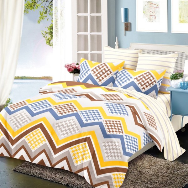 Lenjerie Pat Dublu, FINET, 6 piese, Crem, Maro, Galben, Albastru, Zig-Zag [1]