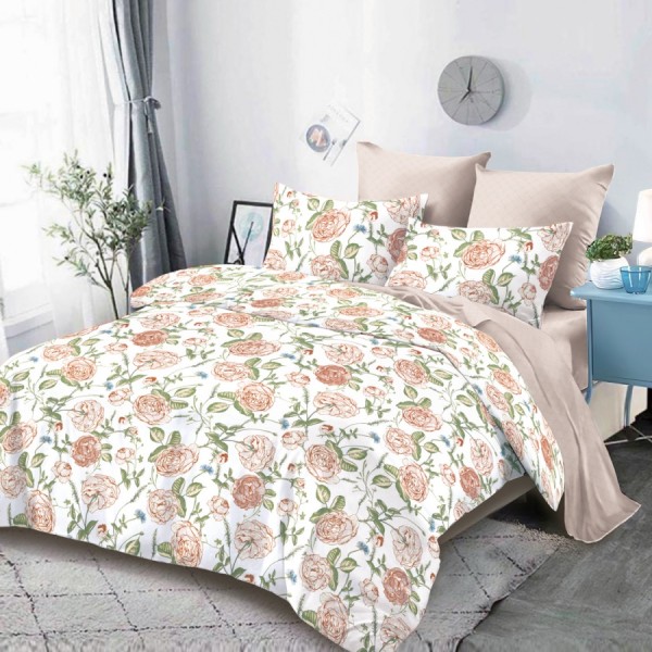 Lenjerie Pat Dublu, FINET, 6 piese, Alb, Roz, Trandafiri [1]