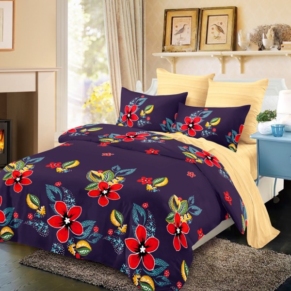 Lenjerie Pat Dublu, FINET, 6 piese, Mov, Galben, Flori [1]