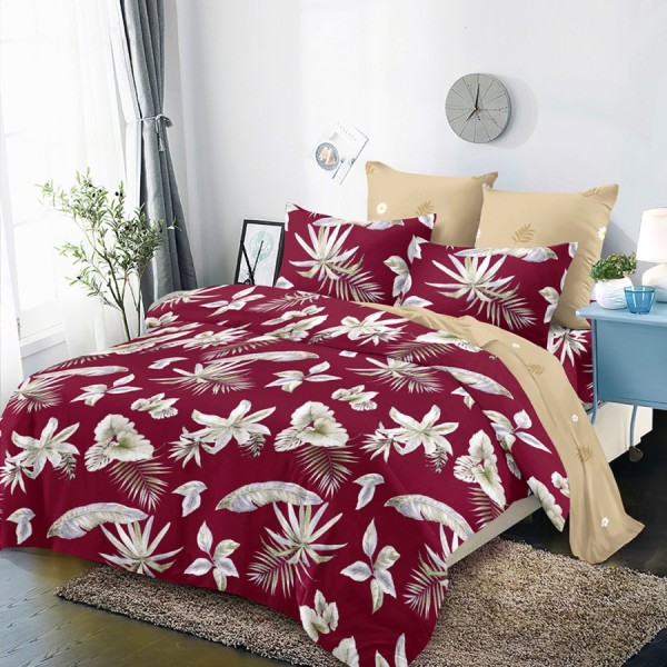 Lenjerie Pat Dublu, FINET, 6 piese, Grena, Bej, Flori [1]