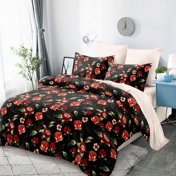 Lenjerie Pat Dublu, FINET, 6 piese, Negru, Rosu, Bej, Flori [1]