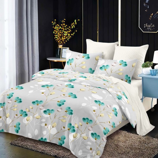 Lenjerie Pat Dublu, FINET, 6 piese, Gri, Flori Turquoise [1]