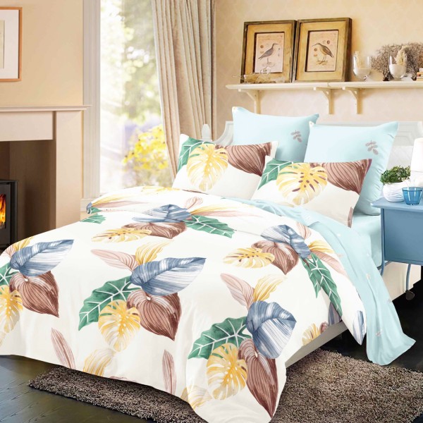 Lenjerie Pat Dublu, FINET, 6 piese, Alb, Bleu, Frunze Colorate [1]