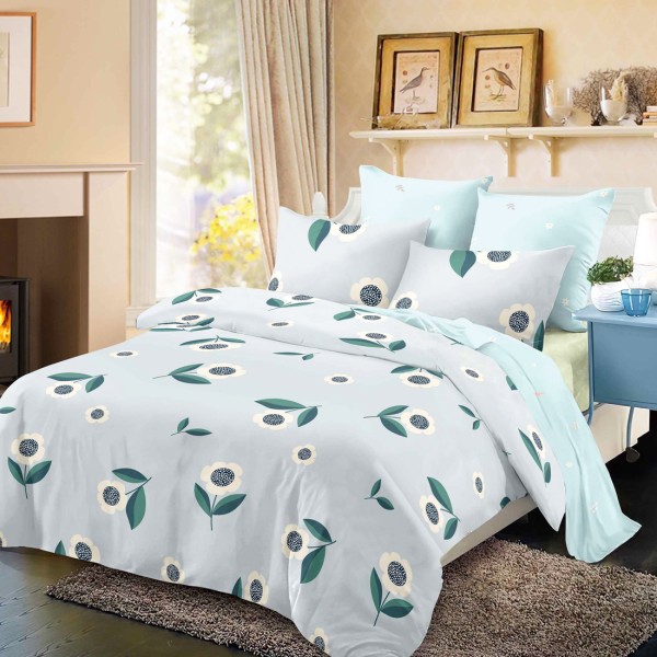 Lenjerie Pat Dublu, FINET, 6 piese, Gri, Bleu, Flori [1]