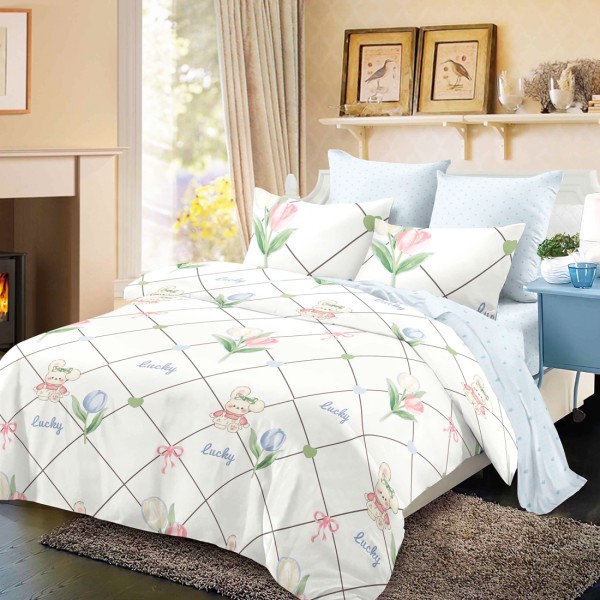 Lenjerie Pat Dublu, FINET, 6 piese, Alb, Bleu, Ursuleti, Flori [1]