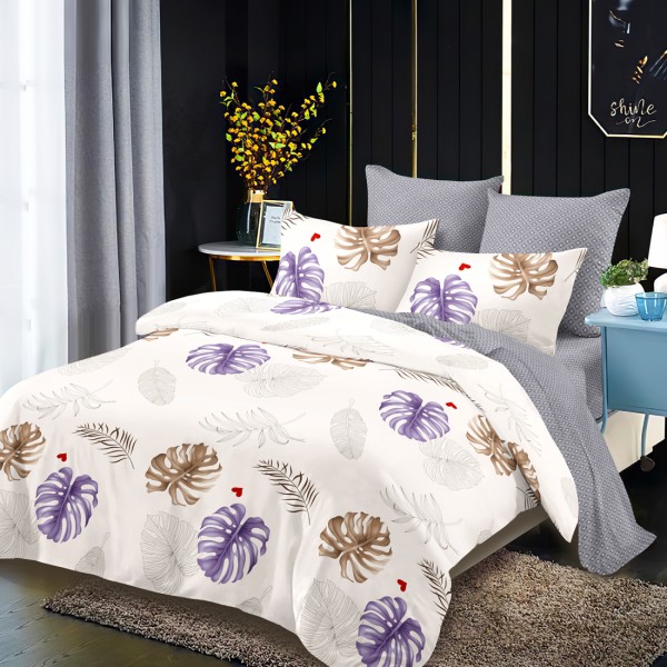 Lenjerie Pat Dublu, FINET, 6 piese, Crem, Gri, Frunze [1]