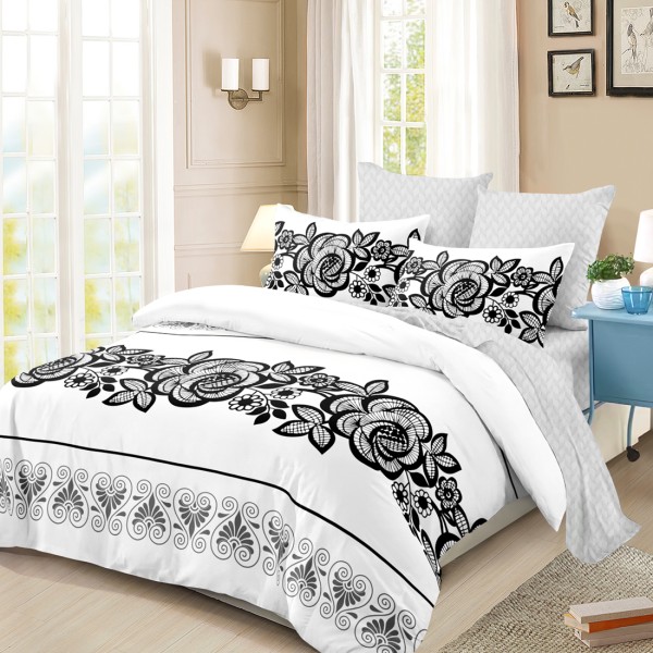 Lenjerie Pat Dublu, FINET, 6 piese, Alb, Negru, Gri, Flori, Inimioare [1]