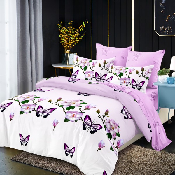 Lenjerie Pat Dublu, FINET, 6 piese, Alb, Lila, Degrade, Flori, Fluturi [1]