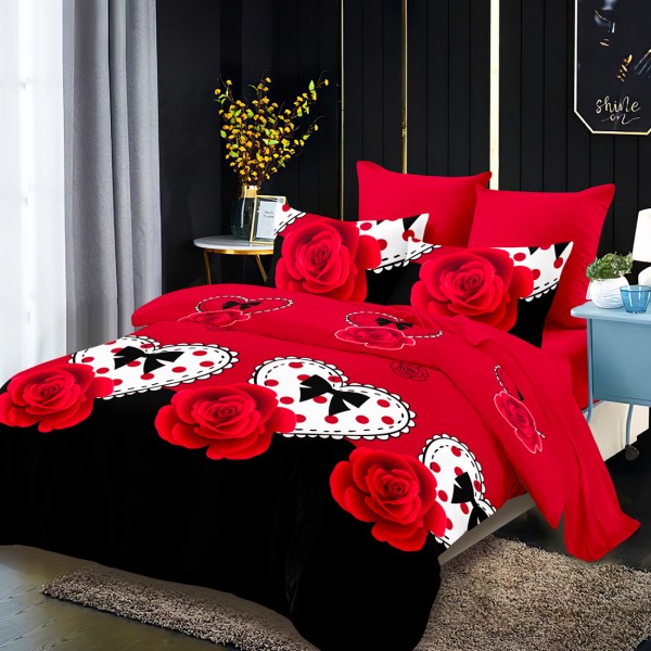 Lenjerie Pat Dublu, FINET, 6 piese, Rosu, Negru, Inimioare, Flori [1]