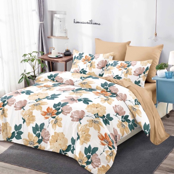 Lenjerie Pat Dublu, FINET, 6 piese, Alb, Bej, Flori [1]