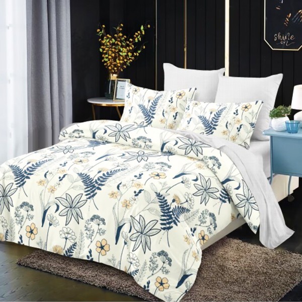 Lenjerie Pat Dublu, FINET, 6 piese, Crem, Gri, Frunze, Flori [1]