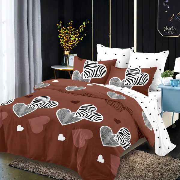 Lenjerie Pat Dublu, FINET, 6 piese, Maro, Alb, Inimioare [1]