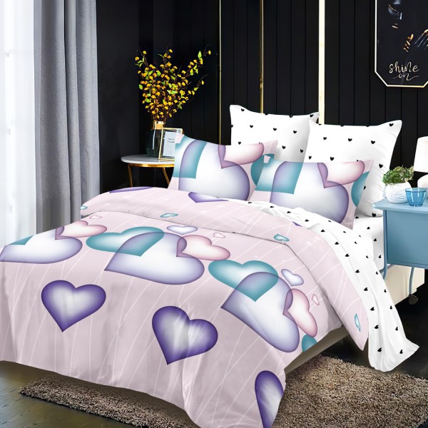 Lenjerie Pat Dublu, FINET, 6 piese, Alb, Roz, Inimioare [1]