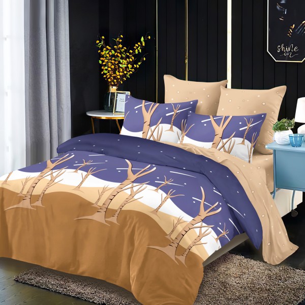 Lenjerie Pat Dublu, FINET, 6 piese, Albastru, Maroniu, Trunchiuri de Copaci [1]