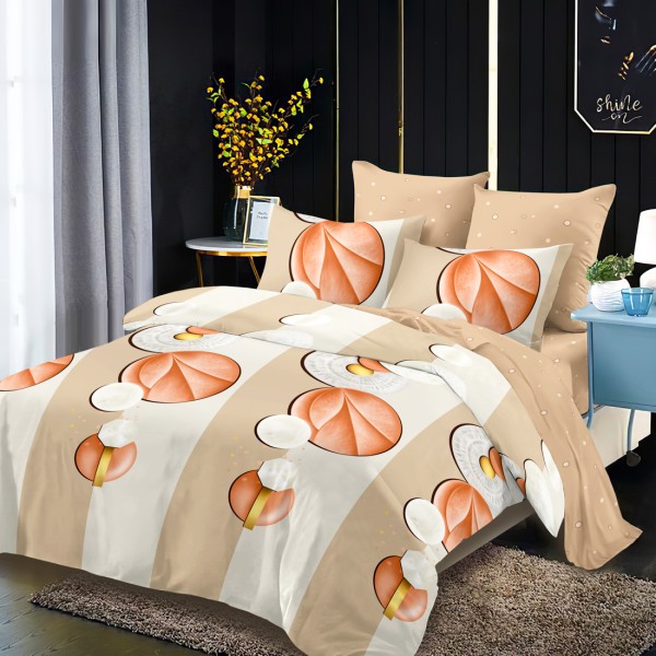 Lenjerie Pat Dublu, FINET, 6 piese, Bej, Oranj, Dungi, Cercuri [1]