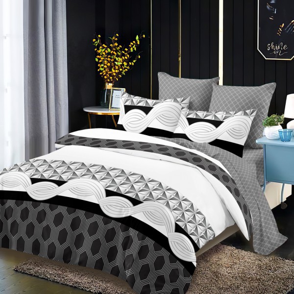 Lenjerie Pat Dublu, FINET, 6 piese, Alb, Negru, Model Clasic [1]