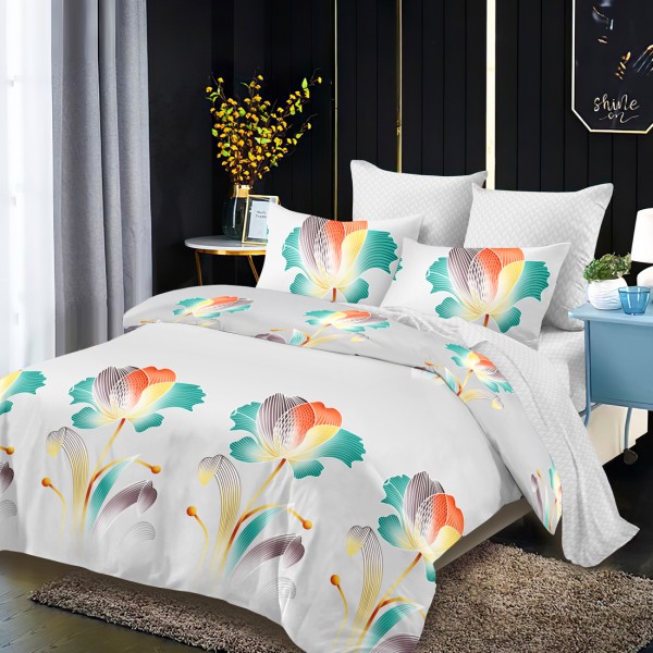 Lenjerie Pat Dublu, FINET, 6 piese, Gri, Flori Colorate [1]