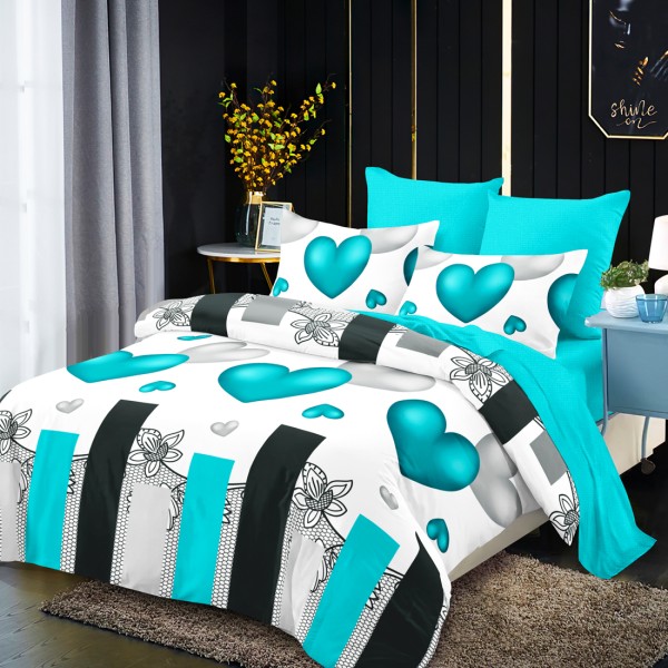 Lenjerie Pat Dublu, FINET, 6 piese, Alb, Bleu, Inimioare [1]