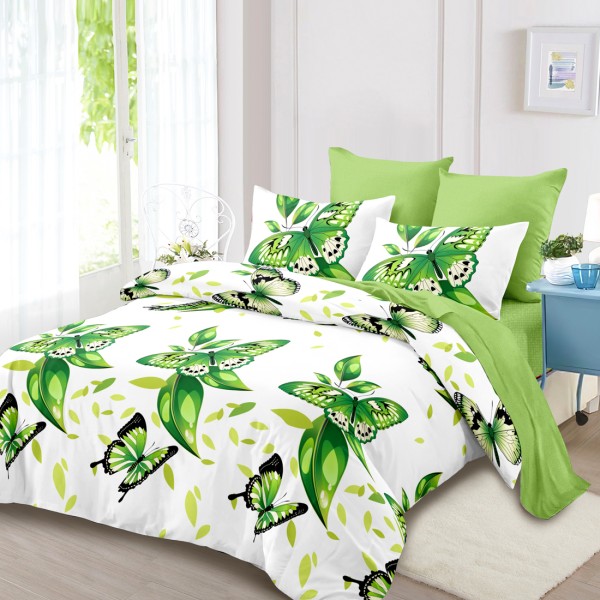 Lenjerie Pat Dublu, FINET, 6 piese, Alb, Verde, Fluturi, Frunze [1]