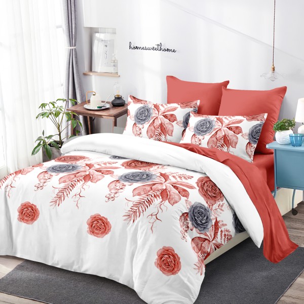 Lenjerie Pat Dublu, FINET, 6 piese, Alb, Grena, Flori [1]