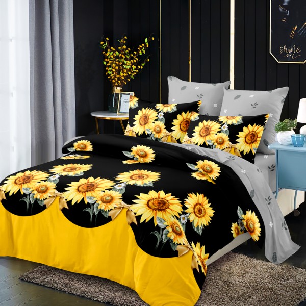 Lenjerie Pat Dublu, FINET, 6 piese, Negru, Galben, Floarea Soarelui [1]