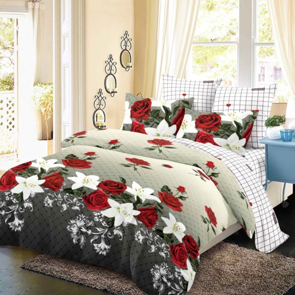 Lenjerie Pat Dublu, FINET, 6 piese, Bej, Gri, Trandafiri, Crini [1]