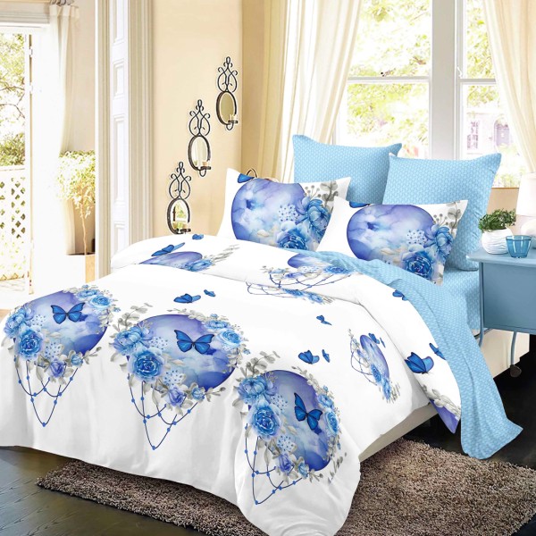 Lenjerie Pat Dublu, FINET, 6 piese, Alb, Albastru, Flori, Fluturi [1]