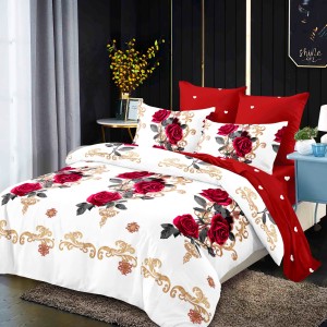 Lenjerie Pat Dublu, FINET, 6 piese, Alb, Rosu, Trandafiri