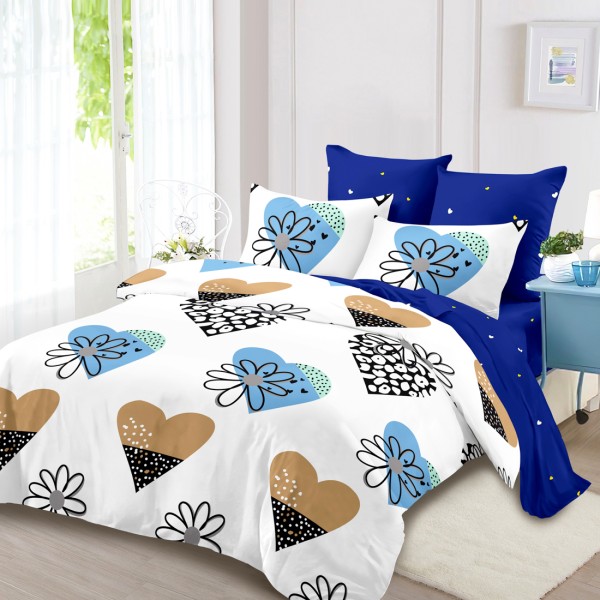 Lenjerie Pat Dublu, FINET, 6 piese, Alb, Albastru, Inimioare, Flori [1]