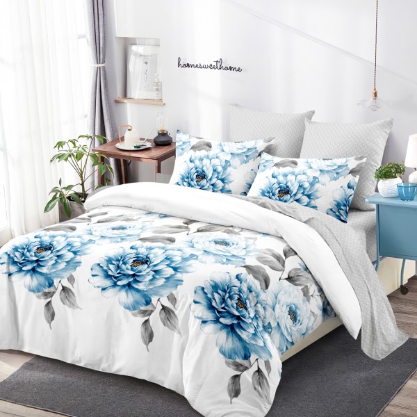 Lenjerie Pat Dublu, FINET, 6 piese, Alb, Albastru, Gri, Flori [1]