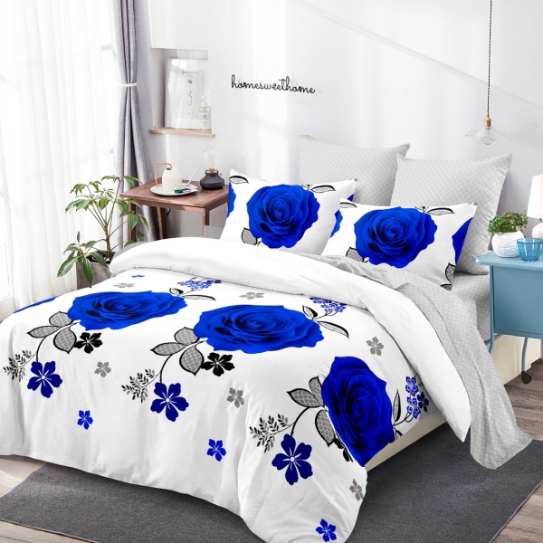 Lenjerie Pat Dublu, FINET, 6 piese, Alb, Albastru, Flori [1]