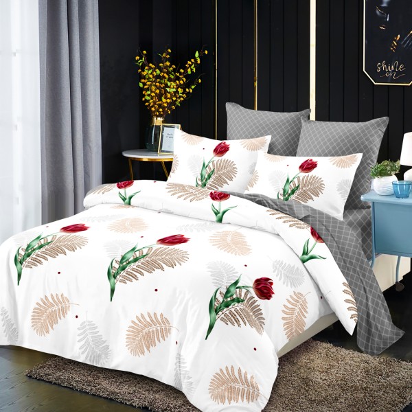 Lenjerie Pat Dublu, FINET, 6 piese, Alb, Gri, Flori, Frunze [1]