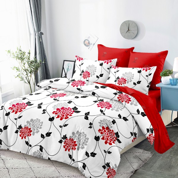 Lenjerie Pat Dublu, FINET, 6 piese, Alb, Rosu, Flori [1]