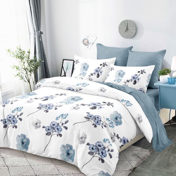 Lenjerie Pat Dublu, FINET, 6 piese, Alb, Bleu, Flori [1]