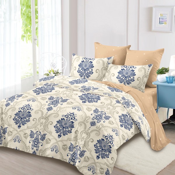 Lenjerie Pat Dublu, FINET, 6 piese, Crem, Bej, Albastru, Model Elegant [1]