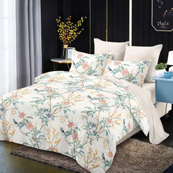 Lenjerie Pat Dublu, FINET, 6 piese, Bej deschis, Flori [1]